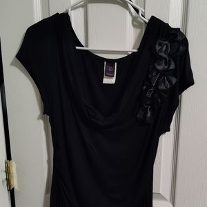 Wrapper Cowl Neck Black Flower Accented Flowy Black Top, Women's XL
